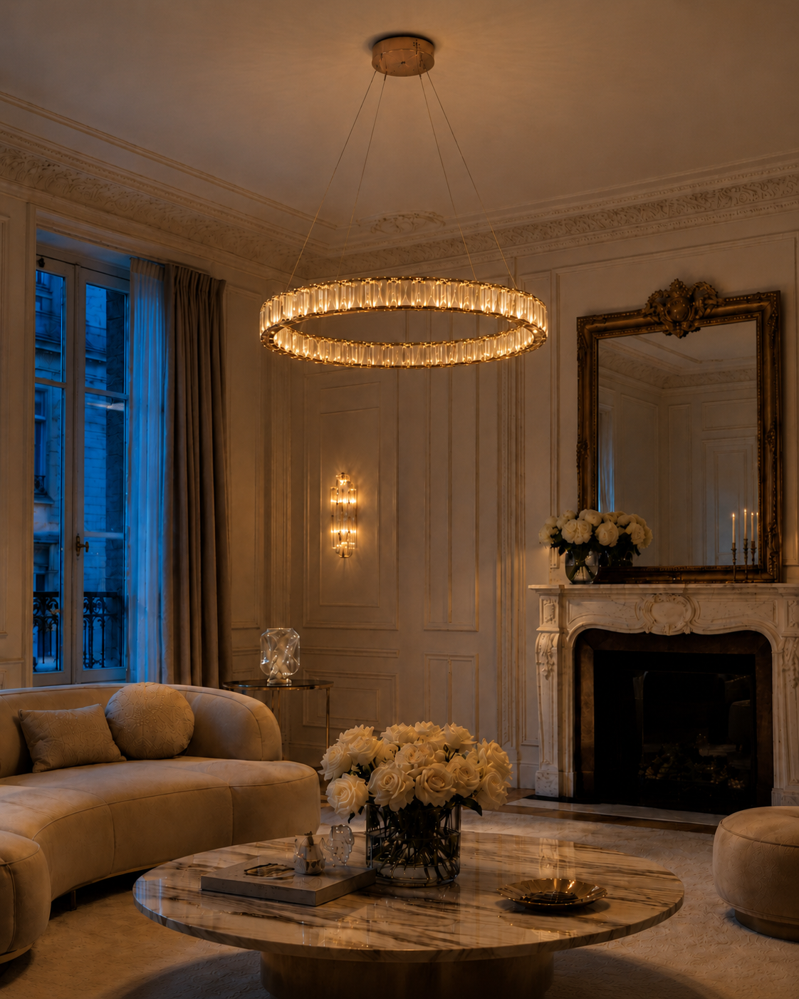 Suspension en cristal Le Saturne dans un salon parisien raffiné.
