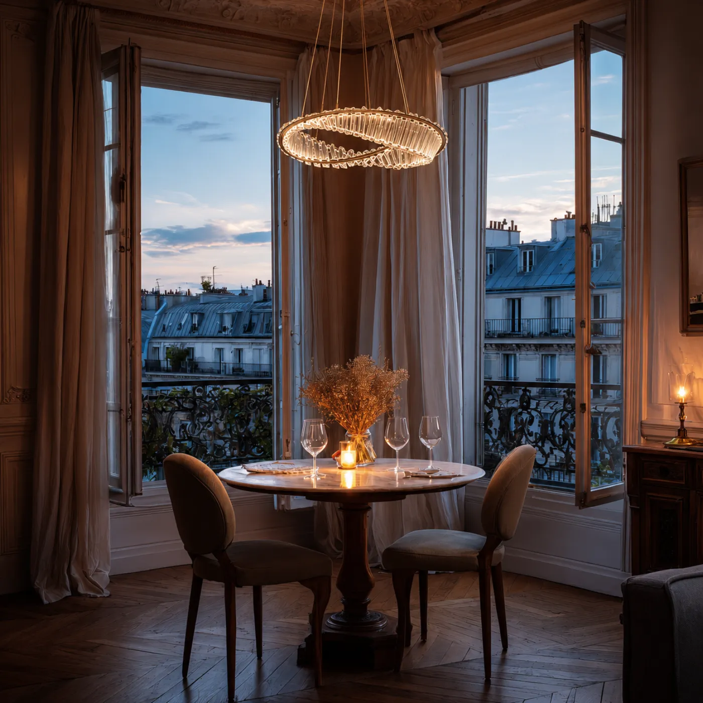 Salle à manger parisienne éclairée par un lustre Orléune au coucher du soleil
