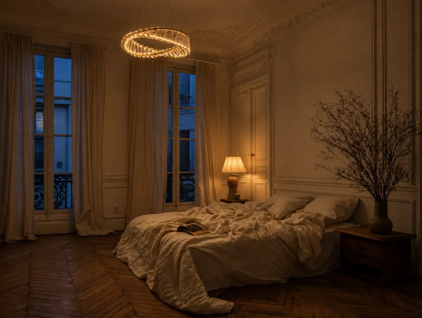 Lustre sculptural en cristal Le Vertige dans un intérieur haussmannien.