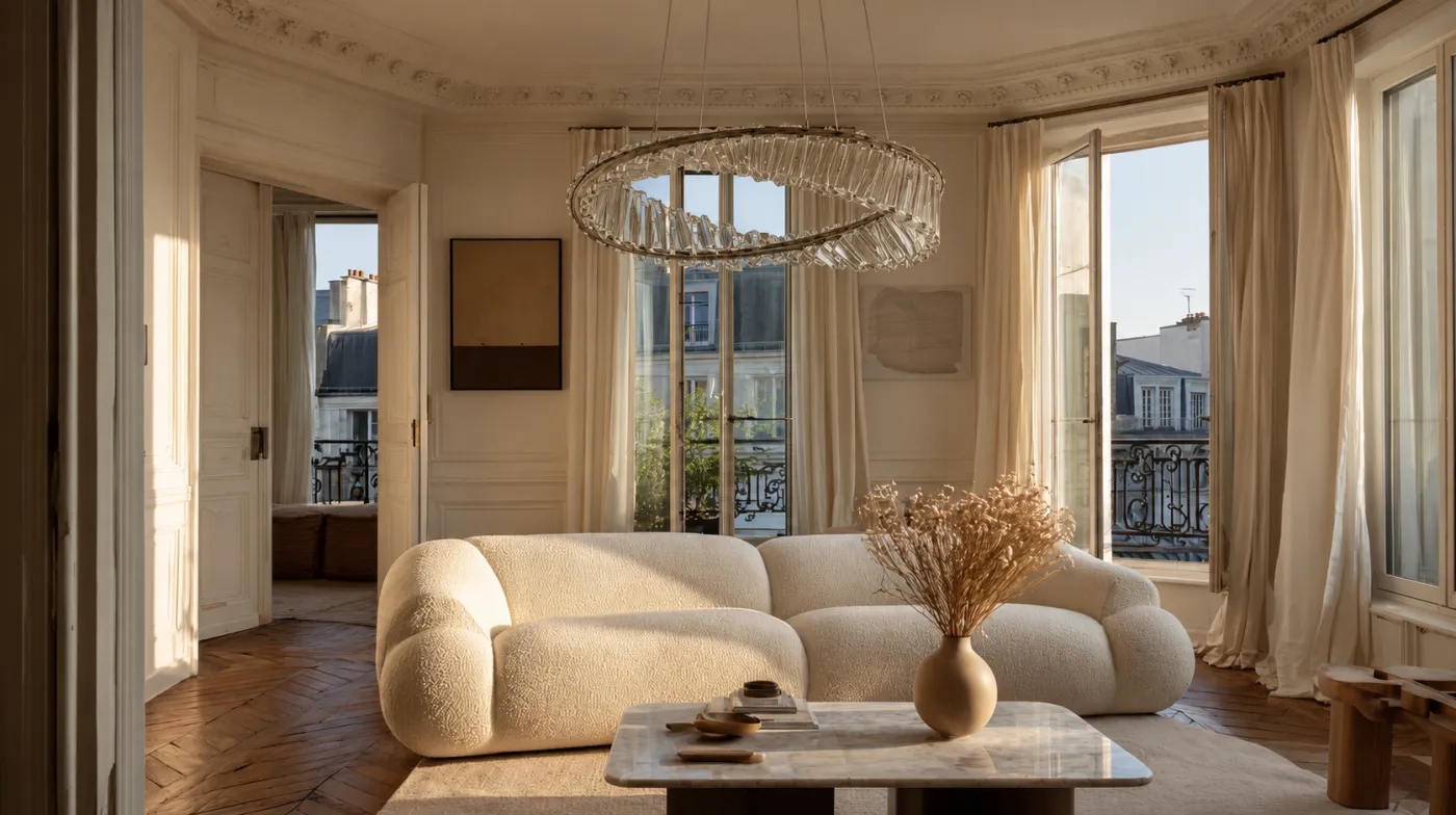 Intérieur parisien éclairé par un lustre Orléune au crépuscule